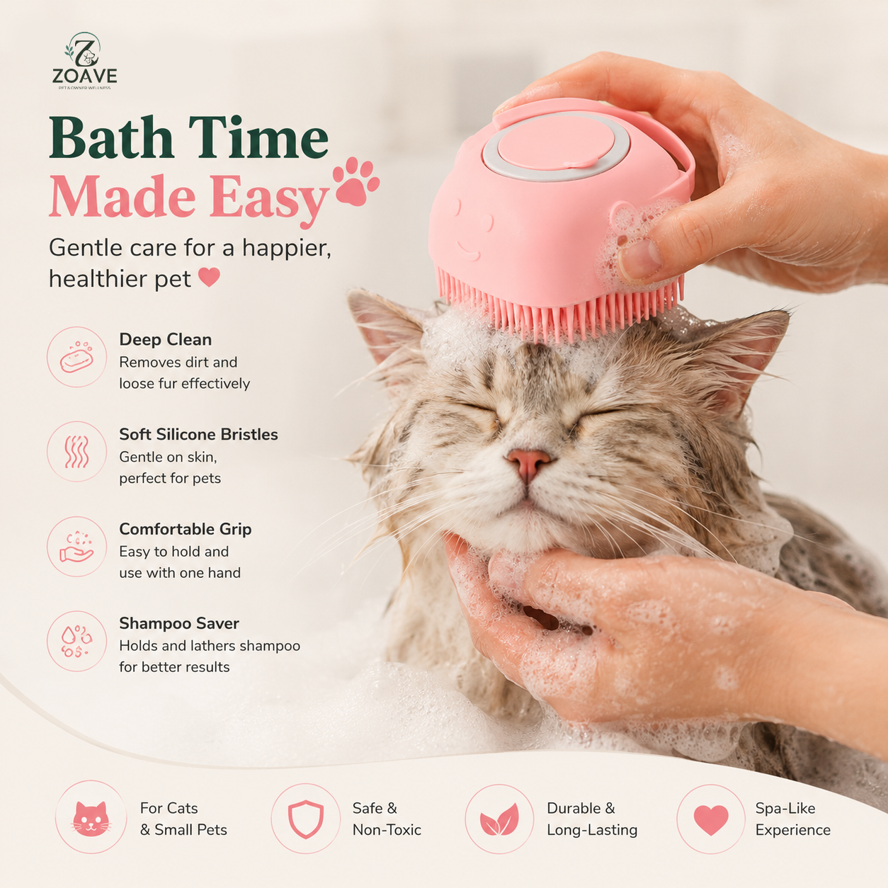 ZOAVE CalmBrush | 2-in-1 Silicone Pet Bath & Shampoo Massage Brush for Dogs & Cats