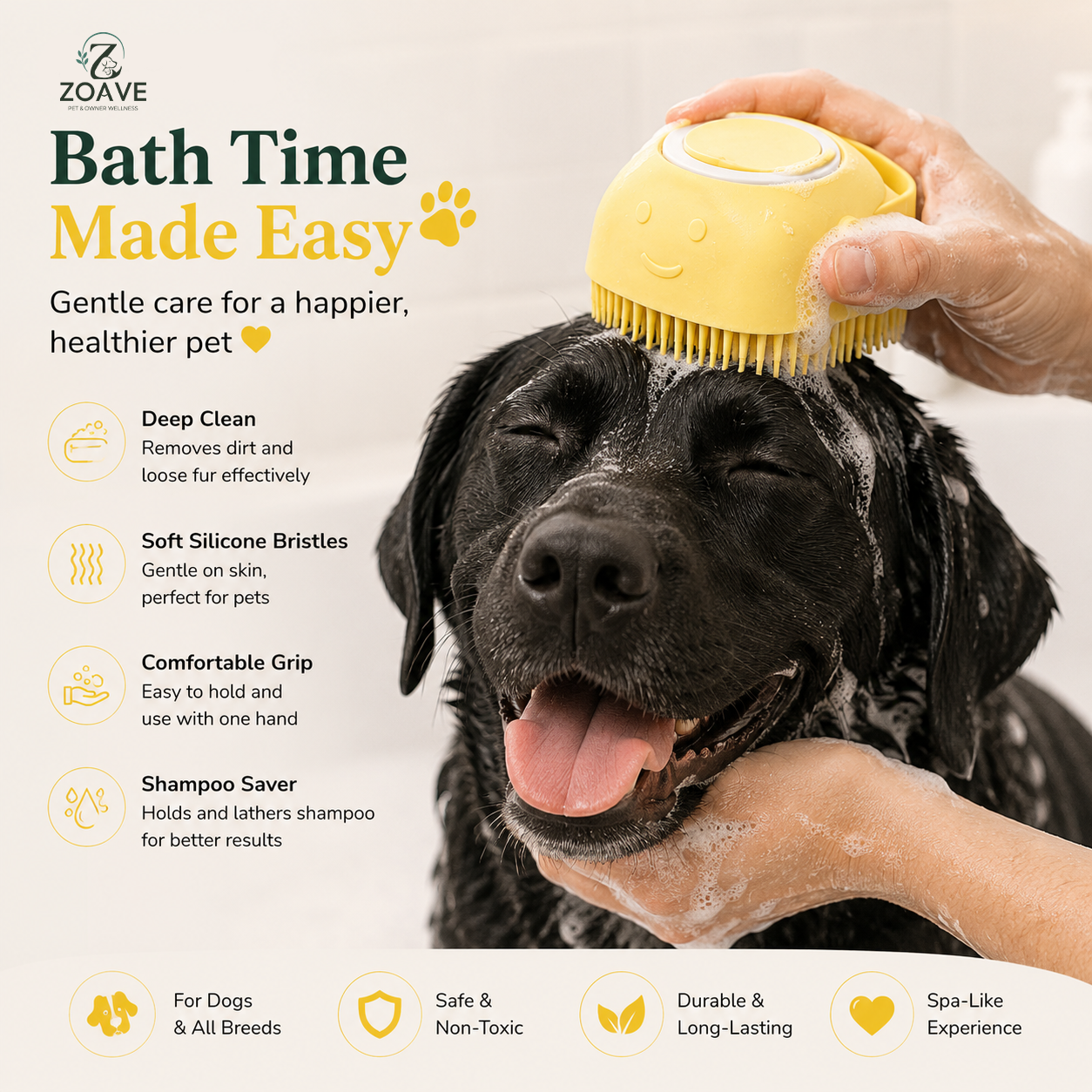 ZOAVE CalmBrush | 2-in-1 Silicone Pet Bath & Shampoo Massage Brush for Dogs & Cats